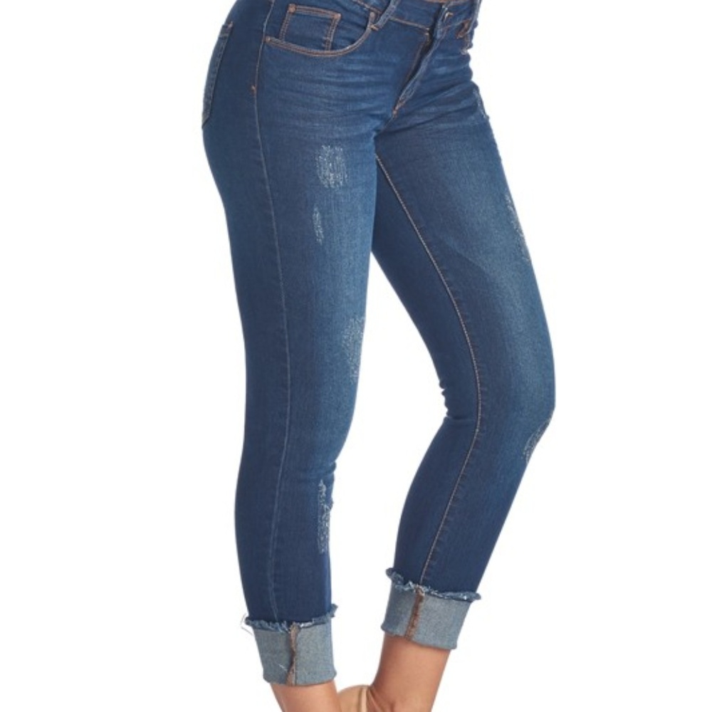 Dark Denim Colored Distressed Capri